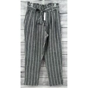 OLIVACEOUS PAPER BAG WAIST LINEN PANTS  Women's Size Medium  GREY / WHITE STRIPE